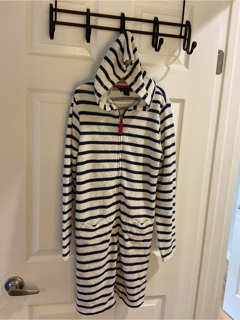 Lands' End Navy & White Striped Hooded Swim Coverup zip up size 10/12